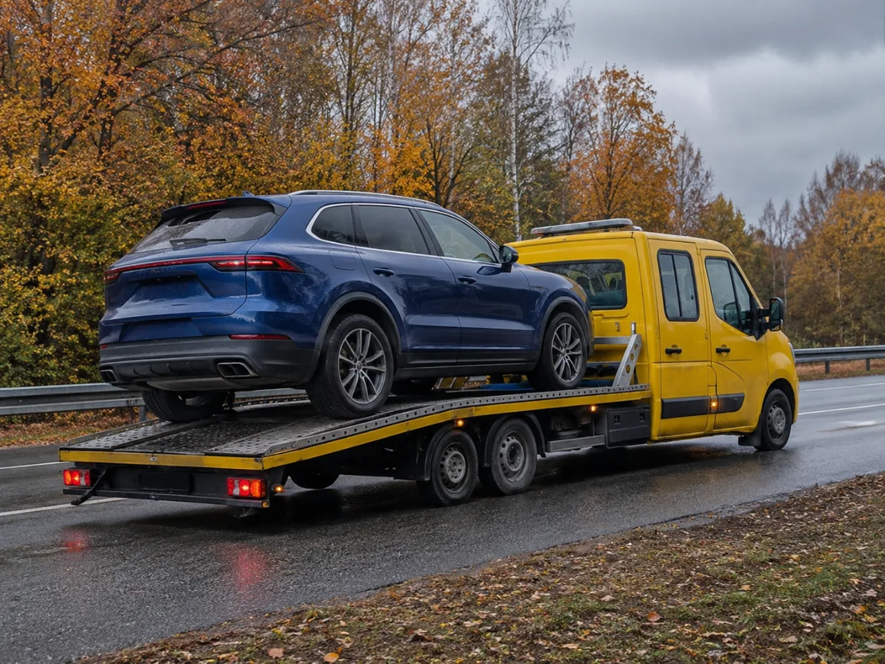 SUV wciągnięty na platformę lawety – transport auta elektrycznego Legionowo