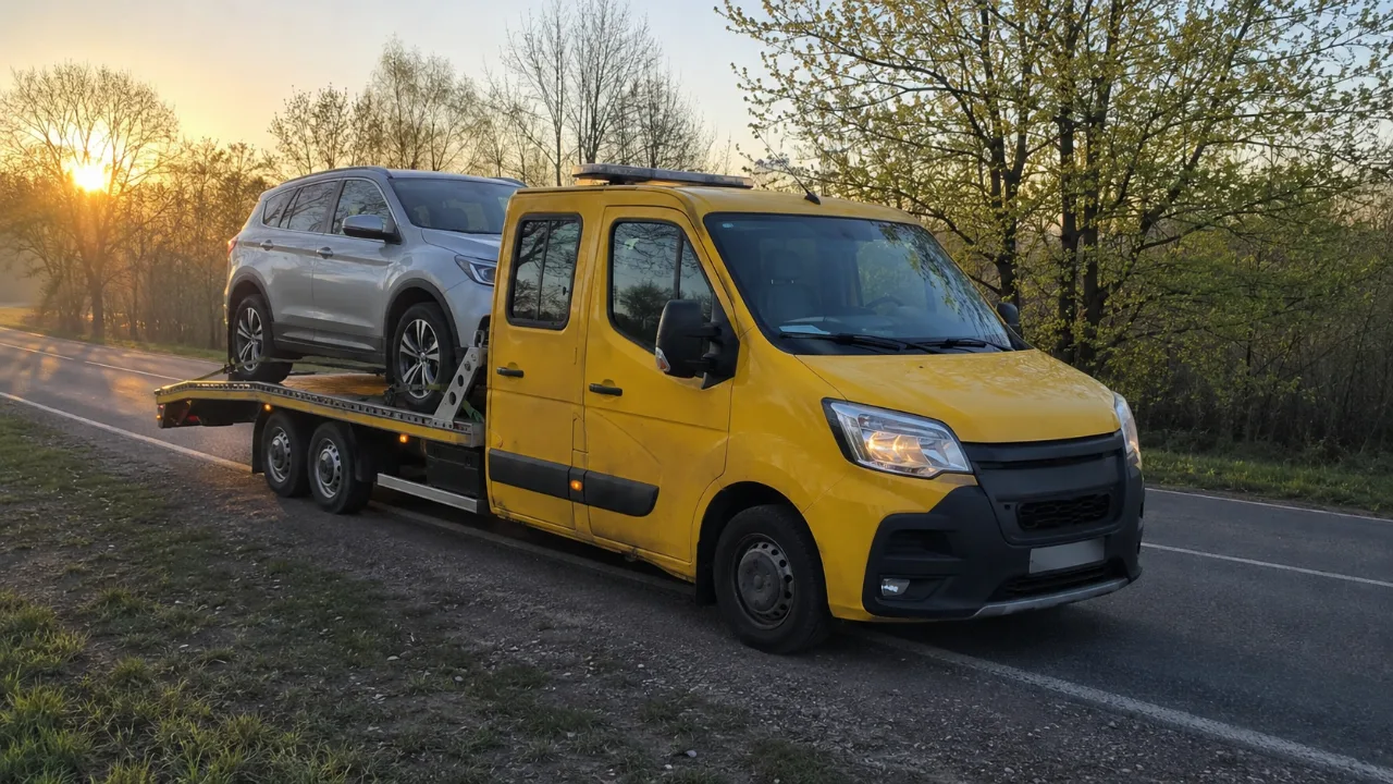 Laweta LONIK-HOL z SUV-em na platformie o wschodzie słońca – Legionowo